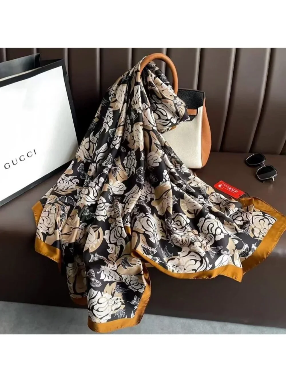 Women's White Brown Lightweight Silk Scarves Flower Print Head Cotton Wrap Scarf